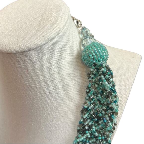Vintage Women’s Necklace Seed Bead Bib Statement Teal Turquoise Multi 12” Length - Picture 4 of 6